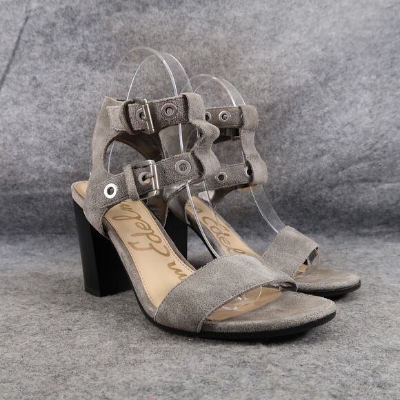 Sam Edelman Shoes Womens 6.5 Heeled Sandals Ankle Straps Leather Block Heel Grey - Picture 1 of 15